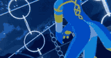 Blue animated character against a circular graphic background