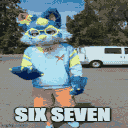 Blue costumed character with the caption six seven